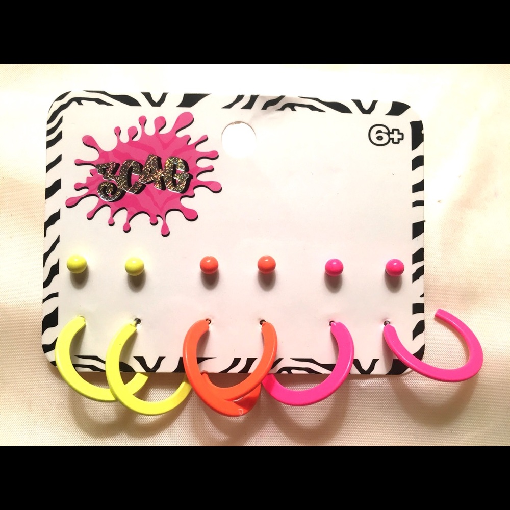 GIRLS FUN EARRINGS 6 PAIRS HOOP & POSTSFLOURESCENT
